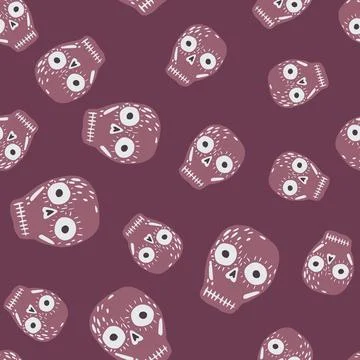 Seamless random pattern with halloween scary skull print. Purple colored mexi Illustrazione stock