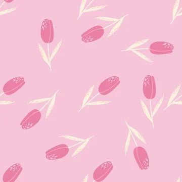 Seamless random pattern with hand drawn tulip elements. Pink flower buds with 스톡 일러스트