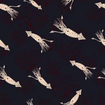 Seamless random pattern with hand drawn ligth squid shapes. Brown dark backgr Stock Illustration