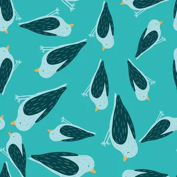 Seamless random pattern with hand drawn cartoon birds ornament. Bright blue b 스톡 일러스트