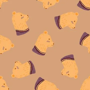 Seamless random pattern with hand drawn polar bear hear silhouettes. Beige pa Illustrazione stock