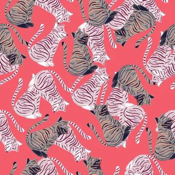 Seamless random pattern with hand drawn tiger simple silhouettes. Pastel pink Stockillustratie