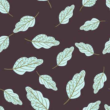 Seamless random pattern with light blue oak leaf ornament. Purple dark backgr Stock Illustration