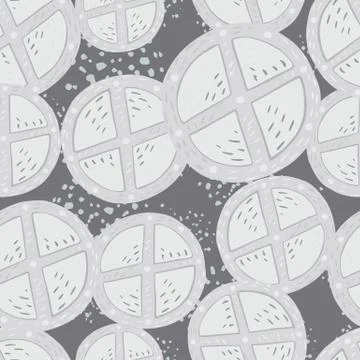 Seamless random pattern with light grey circle wood shields silhouettes. Dark Stock Illustration