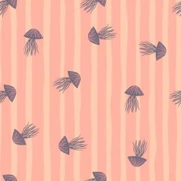 Seamless random pattern with light purple jellyfishes. Pink stripped backgrou Illustrazione stock