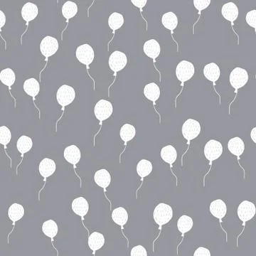 Seamless random pattern with little balloons silhouettes. White simple cartoo Stock Illustration