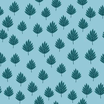 Seamless random pattern with little navy blue fall leaf ornament. Light blue Stock Illustration