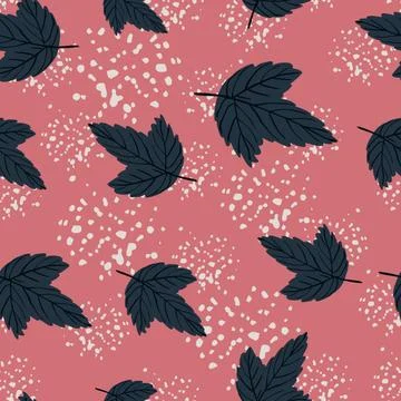 Seamless random pattern with navy blue autumn leaves ornament. Pink backgroun Illustrazione stock