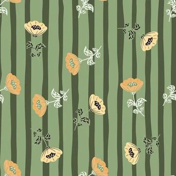 Seamless random pattern with orange pastel vintage flowers print. Green paste Stock Illustration