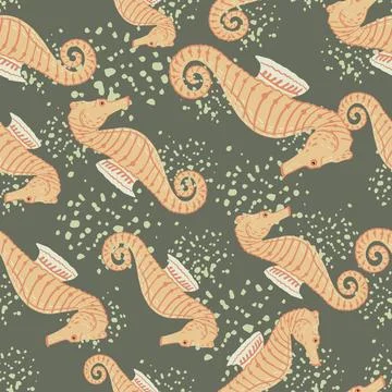 Seamless random pattern with orange seahorse doodle ornament. Grey backround  Stock Illustration