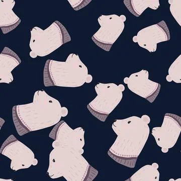 Seamless random pattern with pale grey doodle bear hear profile ornament. Dar Stock Illustration