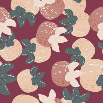 Seamless random pattern with pale palette. Persimmons ornament on maroon back Illustrazione stock