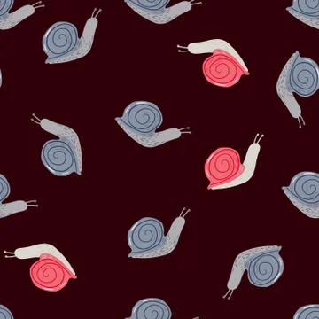Seamless random pattern with pink and blue colored snails. Stylized wildlife  Illustrazione stock