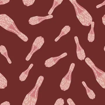 Seamless random pattern with pink colored juggler mace elements. Maroon backg Illustrazione stock