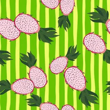Seamless random pattern with pink dragon fruits ornament. Green bright stripe 스톡 일러스트