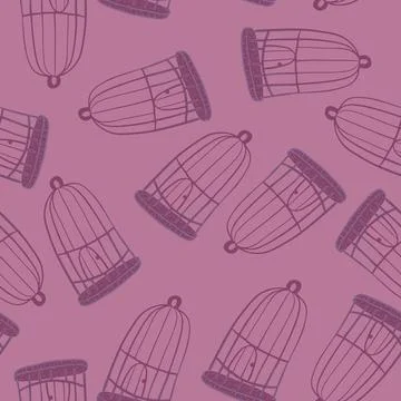 Seamless random pattern with purple contoured bird cage silhouettes. Violet b Illustrazione stock