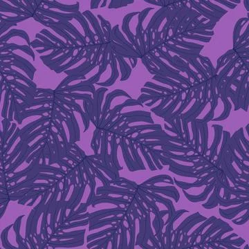 Seamless random pattern with purple monstera foliage tropic ornament. Lilac b Illustrazione stock