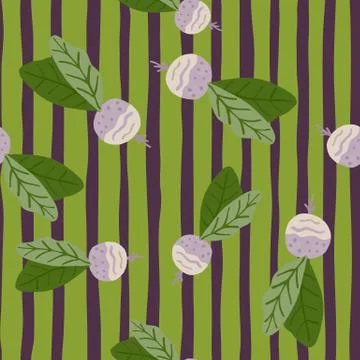Seamless random pattern with radish simple silhouettes. Green and purple stri Illustrazione stock