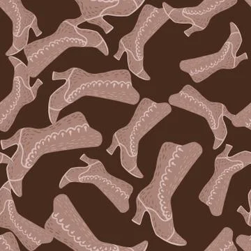 Seamless random pattern with simple beige boots women shapes. Brown dark back Stock Illustration