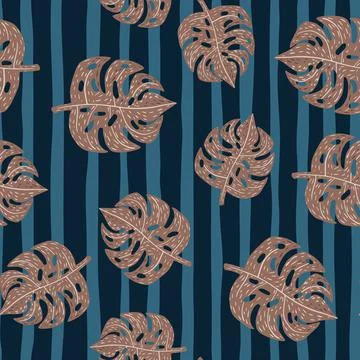 Seamless random pattern with simple beige monstera leaf silhouettes. Blue str Illustrazione stock
