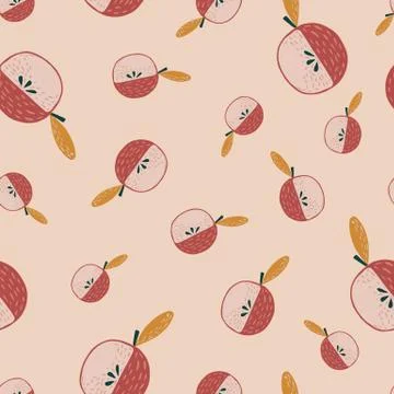 Seamless random pattern with simple cartoon apple ornament. Light pink backgr Stock Illustration