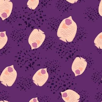 Seamless random pattern with simple pink butterfly fish silhouettes. Purple b Stock Illustration