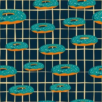 Seamless random pattern with turquoise donuts ornament. Navy blue darl colore Illustrazione stock
