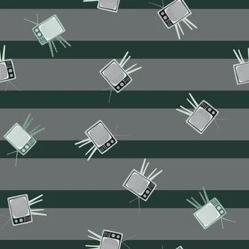 Seamless random pattern with tv set simple shapes. Striped backround. Grey co Illustrazione stock