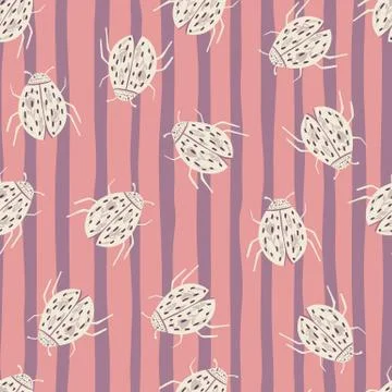 Seamless random pattern with white and black tones bugs. Pink and purple stri 스톡 일러스트