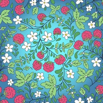 Seamless raspberry and green leaves Stock Illustration