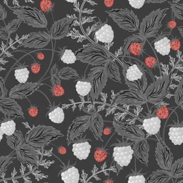 Seamless raspberry pattern. Cute hand drawing raspberry background in gray red Stock Illustration