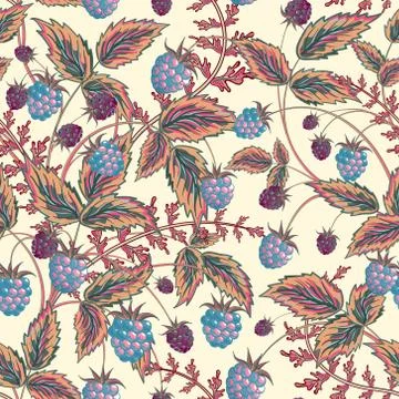 Seamless raspberry pattern. Cute hand drawing raspberry background in blue brown Illustrazione stock