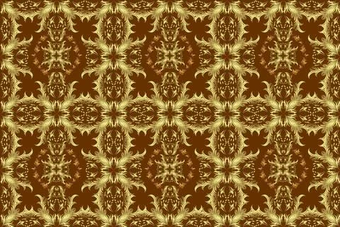 Seamless raster background. Wallpaper baroque, damask. Golden elements on yellow Illustrazione stock