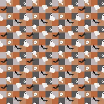 Seamless raster Halloween checkered pattern with ghosts, bats and skulls Stock Illustration