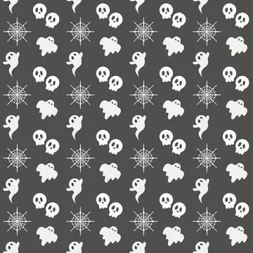 Seamless raster Halloween pattern with skulls, ghosts and spider webs Ilustración de archivo