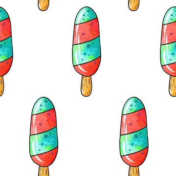 Seamless raster pattern of blue red ice cream on stick with creamy taste on Stock Illustration