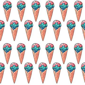 Seamless raster pattern of blue-red ice cream in a waffle cup with fruit berry Stock Illustration