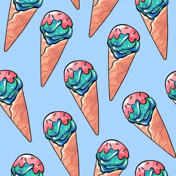 Seamless raster pattern of blue-red ice cream in a waffle cup with fruit berry Stock Illustration