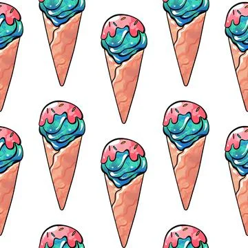 Seamless raster pattern of blue-red ice cream in a waffle cup with fruit berry Stock Illustration