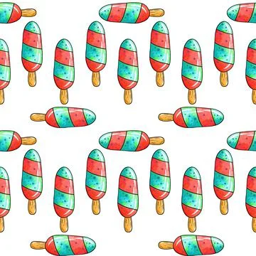 Seamless raster pattern of blue red ice cream on stick with creamy taste on Stock-Illustration