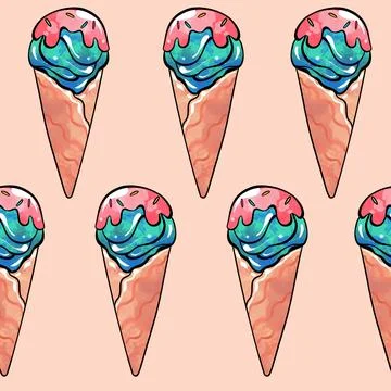 Seamless raster pattern of blue-red ice cream in a waffle cup with fruit berry Stock Illustration