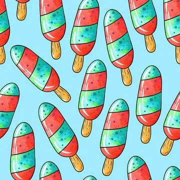 Seamless raster pattern of blue red ice cream on stick with creamy taste on Stock Illustration