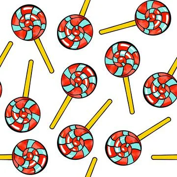 Seamless raster pattern of candy lollipop in a round shape on a stick on a white Stock Illustration