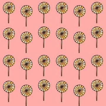 Seamless raster pattern of candy lollipop in a round shape of yellow color with Stock Illustration
