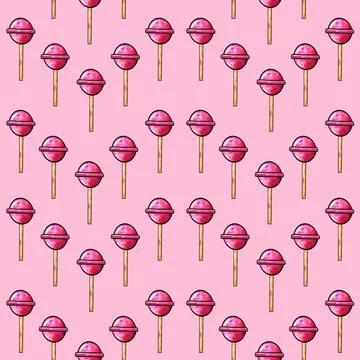 Seamless raster pattern candy lollipop in the shape of a ball pink color on a Stock Illustration