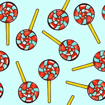 Seamless raster pattern of candy lollipop in a round shape on a stick on a light Stock Illustration
