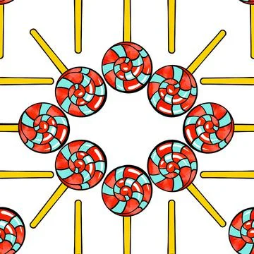 Seamless raster pattern of candy lollipop in a round shape on a stick on a white Stock Illustration