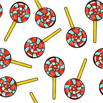 Seamless raster pattern of candy lollipop in a round shape on a stick on a white Stock Illustration