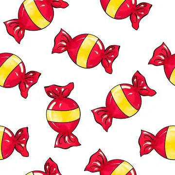 Seamless raster pattern of candy wrapped in red color with yellow stripe on Stock Illustration