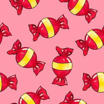 Seamless raster pattern of candy wrapped in red color with yellow stripe on pink Stock Illustration